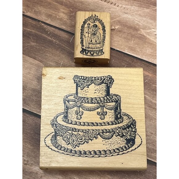 VINTAGE GOOD STAMPS WEDDING CAKE AND TOPPER WOOD MOUNTED RUBBER STAMP SET OF 2 - Picture 2 of 4
